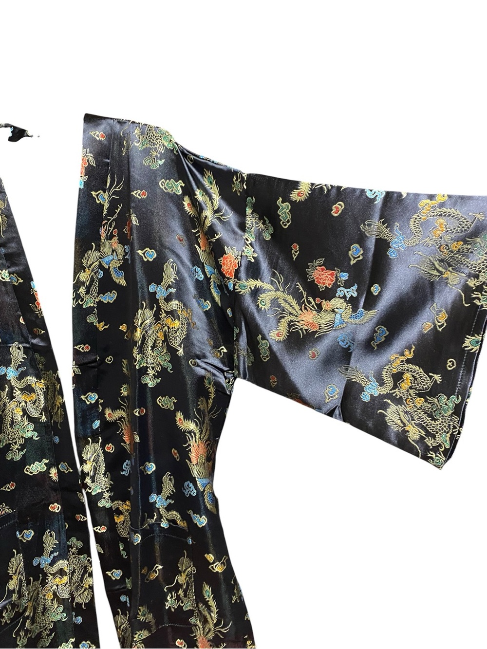 Black Gold satin kimono robe traditional Asian dragon embroidery Boho Whimsical - Picture 6 of 14